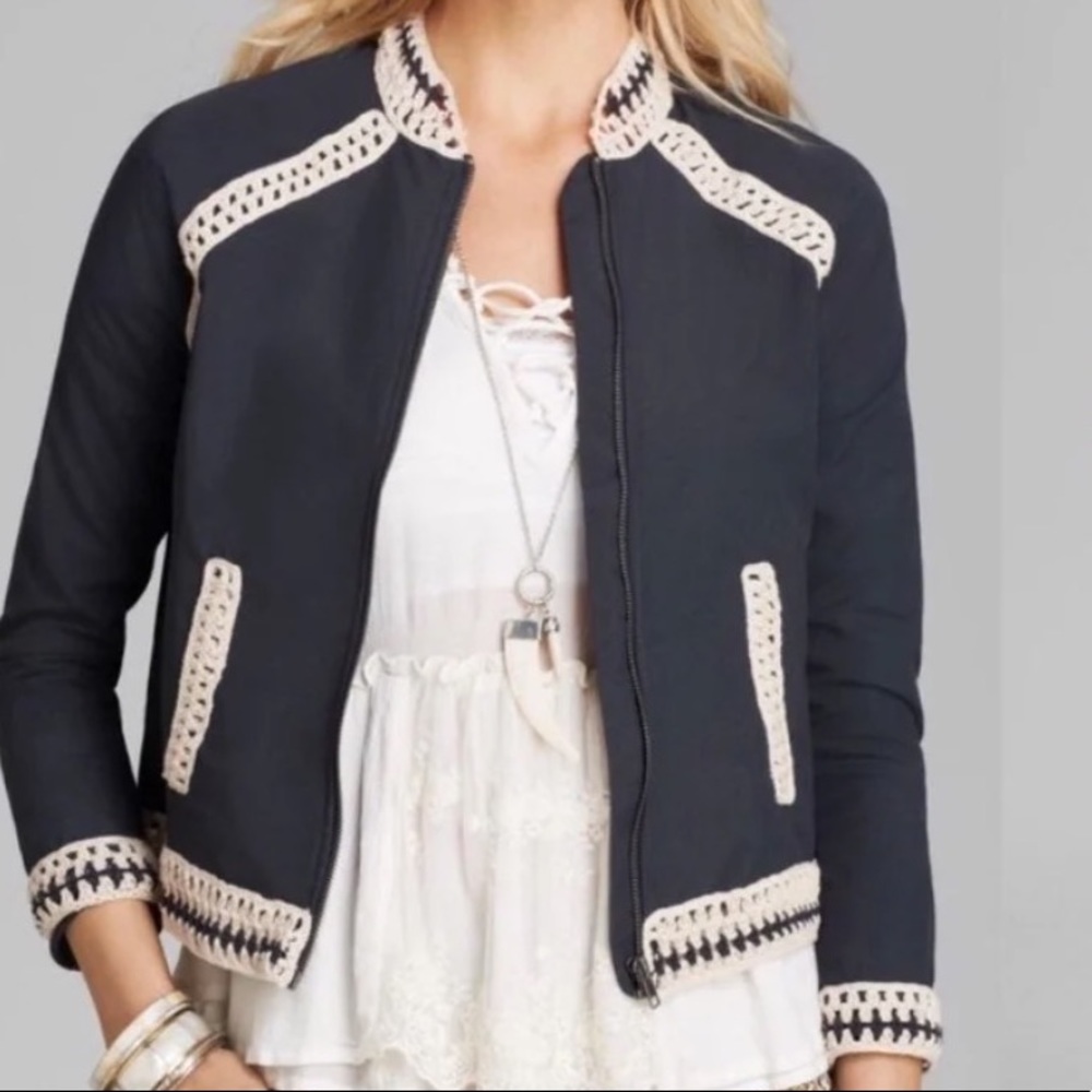 Free people navy blue bomber jacket with crochet trim